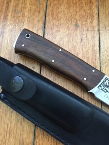 Kizlyar Knife: Kizlyar Mirror Finish ESEPCKUU Straight Laser Etched Blade with Caucasian Walnut Handle
