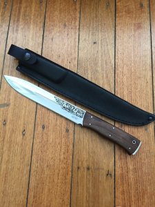 Kizlyar Knife: Kizlyar Mirror Finish ESEPCKUU Straight Laser Etched Blade with Caucasian Walnut Handle
