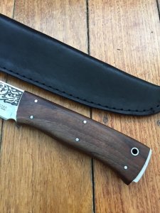 Kizlyar Knife: Kizlyar Mirror Finish ESEPCKUU Straight Laser Etched Blade with Caucasian Walnut Handle
