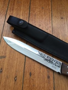 Kizlyar Knife: Kizlyar Mirror Finish ESEPCKUU Straight Laser Etched Blade with Caucasian Walnut Handle