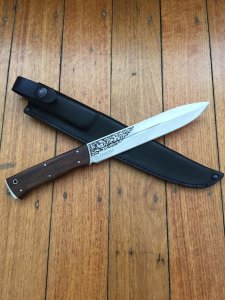 Kizlyar Knife: Kizlyar Mirror Finish ESEPCKUU Straight Laser Etched Blade with Caucasian Walnut Handle