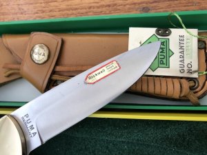 Puma Knife: Puma Original 1984 4 Star Fixed Blade Knife with Black Buffalo Handle in Original Green and Yellow Box