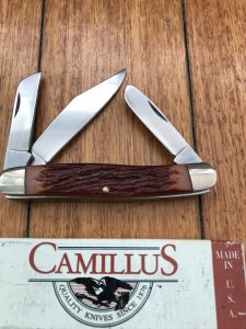 Camillus Premium Stockman 3 Blade Knife with Red bone Delrin Handle