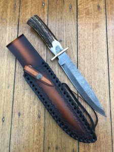 Damascus Knife: Damascus Long Blade Knife with Fat Sambar Deer Antler Handle