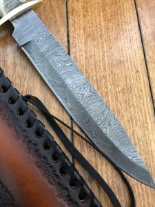 Damascus Knife: Damascus Long Blade Knife with Fat Sambar Deer Antler Handle
