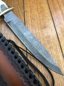 Damascus Knife: Damascus Long Blade Knife with Fat Sambar Deer Antler Handle
