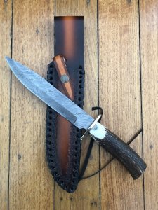 Damascus Knife: Damascus Long Blade Knife with Fat Sambar Deer Antler Handle