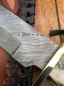 Damascus Knife: Damascus Long Blade Knife with Fat Sambar Deer Antler Handle