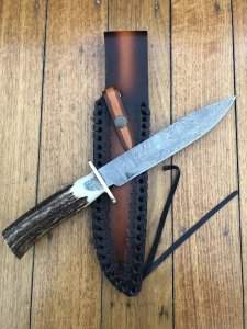 Damascus Knife: Damascus Long Blade Knife with Fat Sambar Deer Antler Handle