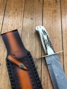 Damascus Knife: Damascus Western Alamo Bowie with Fat Sambar Deer Antler Handle