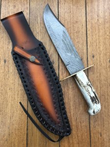 Damascus Knife: Damascus Western Alamo Bowie with Fat Sambar Deer Antler Handle