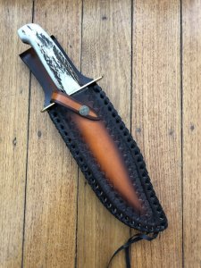 Damascus Knife: Damascus Western Alamo Bowie with Fat Sambar Deer Antler Handle