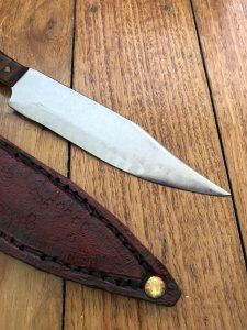 Handmade Patterned Steel Bladed Knife from USA with laminated pinned wood handle