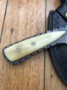 SOS Damascus Knife: Damascus Knife with File Work and Camel Bone Handle