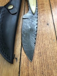 SOS Damascus Knife: Damascus Knife with File Work and Camel Bone Handle