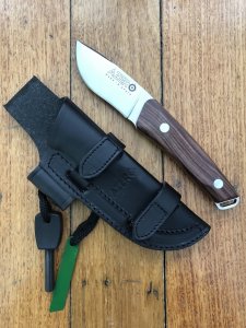 Azero Knives: Skinning knife with Violet Palisander Wood Handle Leather Sheath and Firestarter