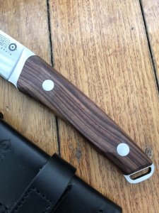 Azero Knives: Skinning knife with Violet Palisander Wood Handle Leather Sheath and Firestarter