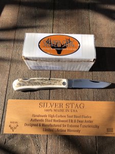 Silver Stag Large 4" Blade Back Lock Folding Knife with Stag Antler Handle