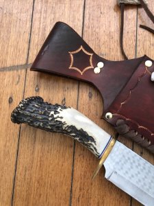 Ken Richardson Custom Handmade 11" Bowie Blade Hunting Knife with Deer Antler Handle & Custom Sheath