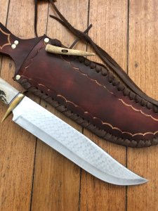 Ken Richardson Custom Handmade 11" Bowie Blade Hunting Knife with Deer Antler Handle & Custom Sheath