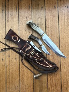 Ken Richardson Custom Handmade 8" Bowie & 3" Hunter Piggy Back Set Deer Antler Handle & Custom Sheath