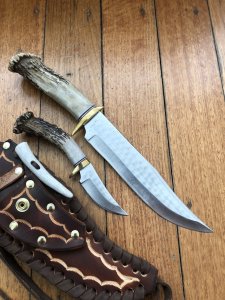 Ken Richardson Custom Handmade 8" Bowie & 3" Hunter Piggy Back Set Deer Antler Handle & Custom Sheath