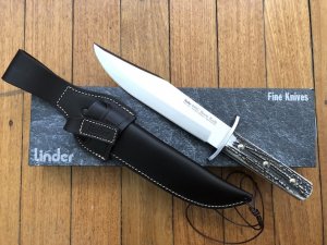 Linder Big Big Big Bowie with Stag Antler Handle and beautiful Leather Sheath