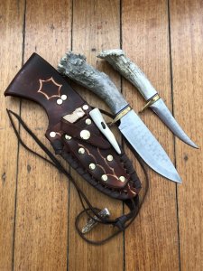 Ken Richardson Custom Handmade 4" Fillet Knife and 5.5" Drop Point Blade Piggy Back Set Deer Antler Handle & Custom Sheath