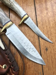 Ken Richardson Custom Handmade 4" Fillet Knife and 5.5" Drop Point Blade Piggy Back Set Deer Antler Handle & Custom Sheath