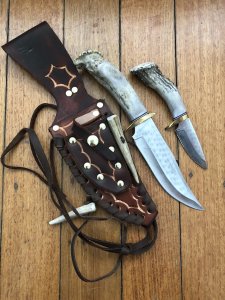 Ken Richardson Custom Handmade 6" Bowie & 3" Drop Point Piggy Back Set Deer Antler Handle & Custom Sheath