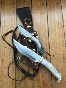 Ken Richardson Custom Handmade 6" Bowie & 3" Drop Point Piggy Back Set Deer Antler Handle & Custom Sheath