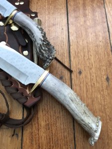 Ken Richardson Custom Handmade 6" Bowie & 3" Drop Point Piggy Back Set Deer Antler Handle & Custom Sheath