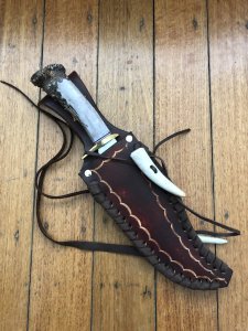 Ken Richardson Custom Handmade 8" Bowie Blade Hunting Knife with Deer Antler Handle & Custom Sheath