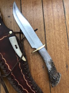 Ken Richardson Custom Handmade 8" Bowie Blade Hunting Knife with Deer Antler Handle & Custom Sheath