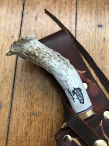 Ken Richardson Custom Handmade 7.5" Scrimshawed Fillet Blade Hunting Knife with Deer Antler Handle & Custom Sheath