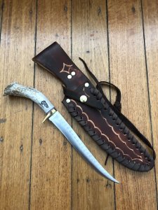 Ken Richardson Custom Handmade 7.5" Scrimshawed Fillet Blade Hunting Knife with Deer Antler Handle & Custom Sheath