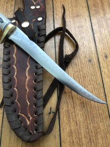 Ken Richardson Custom Handmade 7.5" Scrimshawed Fillet Blade Hunting Knife with Deer Antler Handle & Custom Sheath