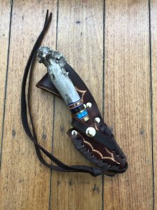 Ken Richardson Custom Handmade 3" Blade Hunter with Turquoise and Cocobolo Inserts Deer Antler Handle & Custom Sheath