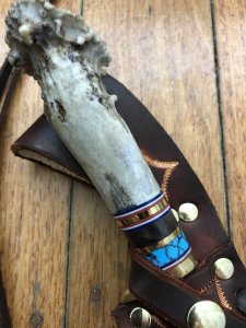 Ken Richardson Custom Handmade 3" Blade Hunter with Turquoise and Cocobolo Inserts Deer Antler Handle & Custom Sheath