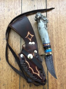 Ken Richardson Custom Handmade 3" Blade Hunter with Turquoise and Cocobolo Inserts Deer Antler Handle & Custom Sheath