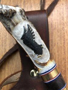 Ken Richardson Custom Handmade 3.5" Blade Hunter with Carved Eagle Deer Antler Handle & Custom Sheath