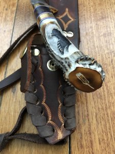 Ken Richardson Custom Handmade 3.5" Blade Hunter with Carved Eagle Deer Antler Handle & Custom Sheath