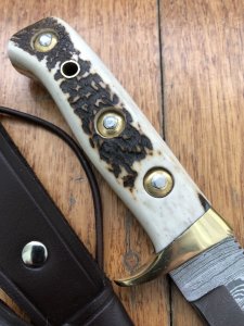 SOS Damascus *PUMA Skinner* Knife with Sambar Deer Antler Handle & Leather Sheath