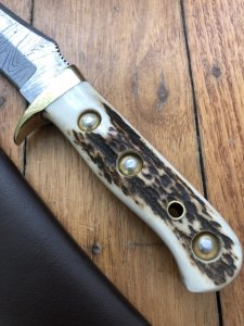 SOS Damascus *PUMA Skinner* Knife with Sambar Deer Antler Handle & Leather Sheath