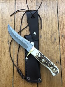 SOS Damascus *PUMA Skinner* Knife with Sambar Deer Antler Handle & Leather Sheath