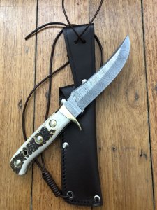 SOS Damascus *PUMA Skinner* Knife with Sambar Deer Antler Handle & Leather Sheath