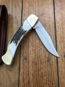 Schrade Vintage Limited Edition USA-Made 100 Year Ducks Unlimited Folding Knife with Sambar Handle and Pouch.