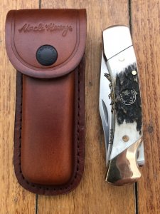 Schrade Vintage Limited Edition USA-Made 100 Year Ducks Unlimited Folding Knife with Sambar Handle and Pouch.