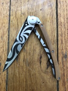 Deejo Juniper Wood handle Poly Tattoo Design Pocket Knife 37g