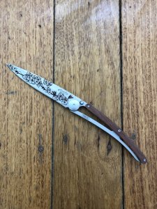 Deejo Juniper Wood handle Flower Trail Tattoo Design Pocket Knife 37g